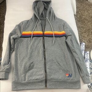 Grey Zip Hoodie with Rainbow Stripe